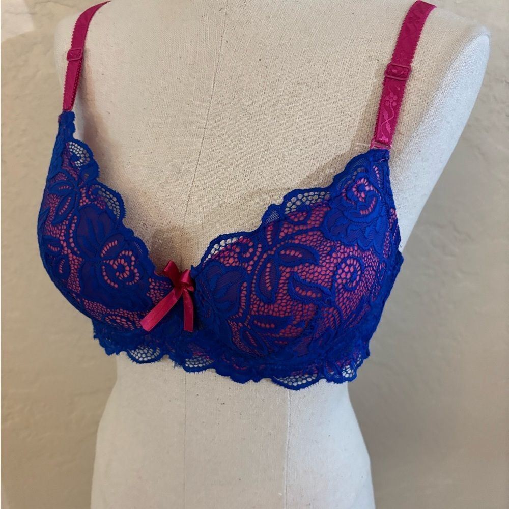 Stunning Blue and Pink Lace Bra Sz L